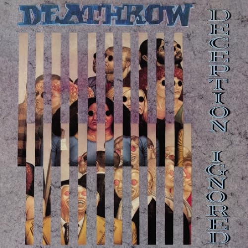 Album cover featuring a group of people sliced into vertical strips on gray background.