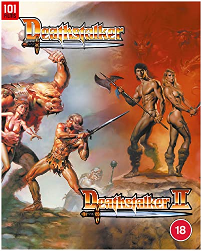 Fantasy art showing warriors and monsters with the titles Deathstalker and Deathstalker II.