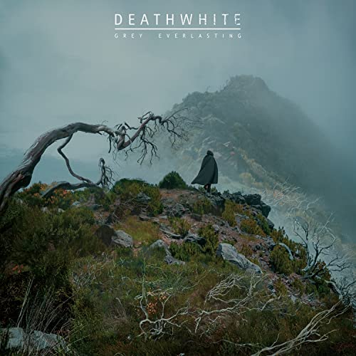 Album cover: misty mountains, lone figure, bare tree, grey tones.