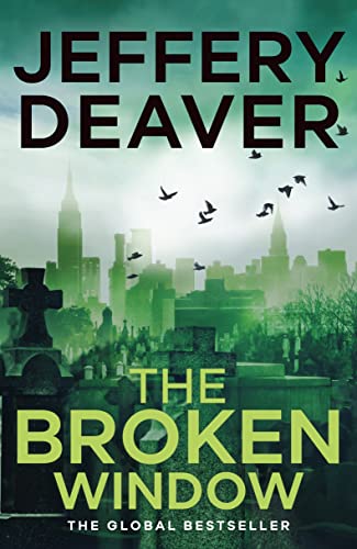 Book cover for The Broken Window by Jeffery Deaver showing a cemetery and skyline.