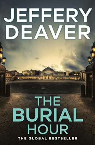 Book cover for "The Burial Hour" with a building and stormy sky.
