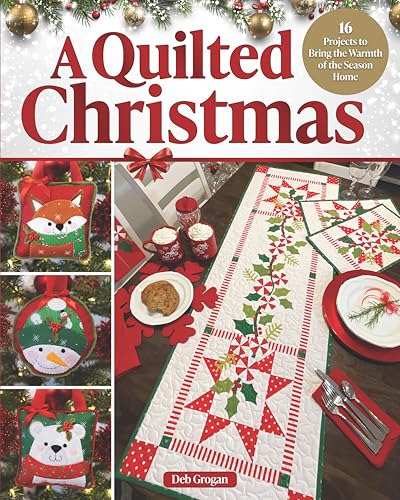 Book cover featuring quilted Christmas decorations, ornaments, and table settings.