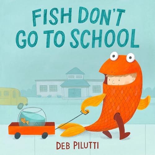 Book cover: orange fish-costumed child pulling a fishbowl on a wagon.