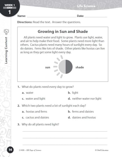 Second grade science worksheet about plants, sun, and shade with multiple-choice questions.
