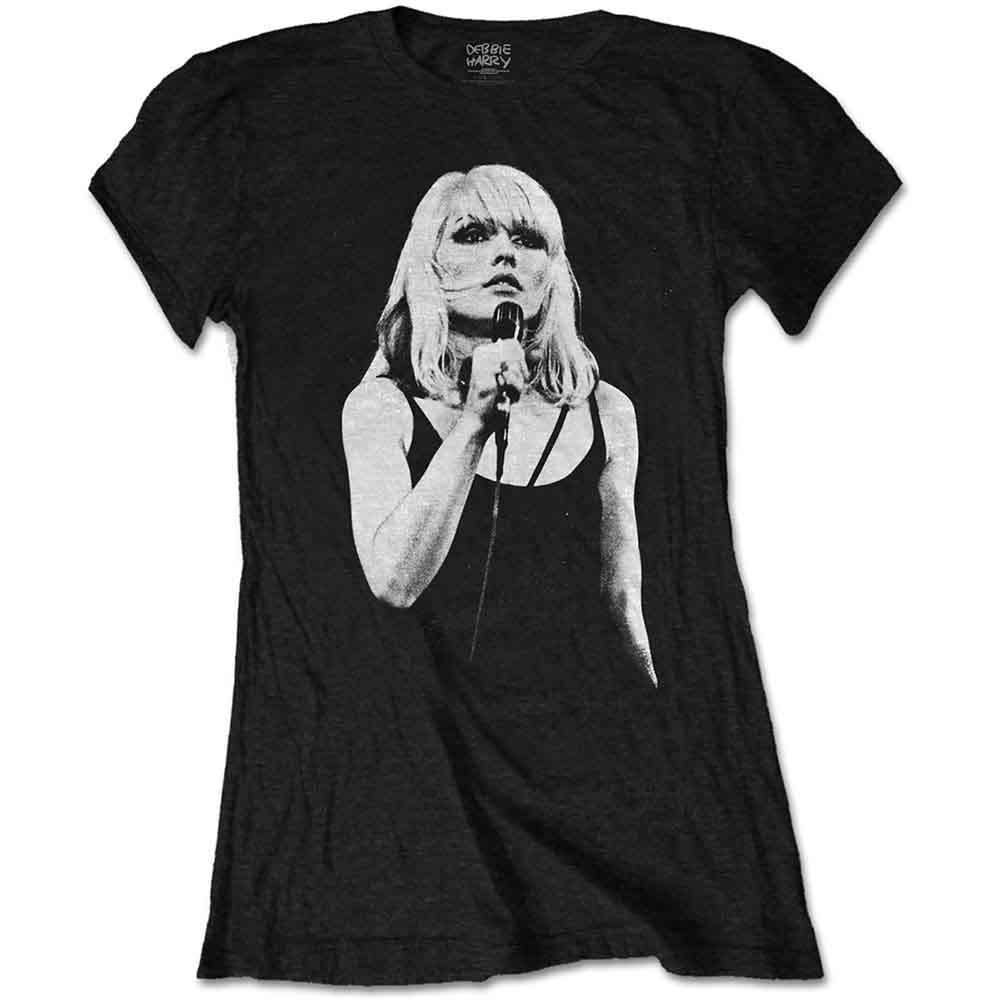 Black t-shirt with a portrait of Debbie Harry holding a microphone.