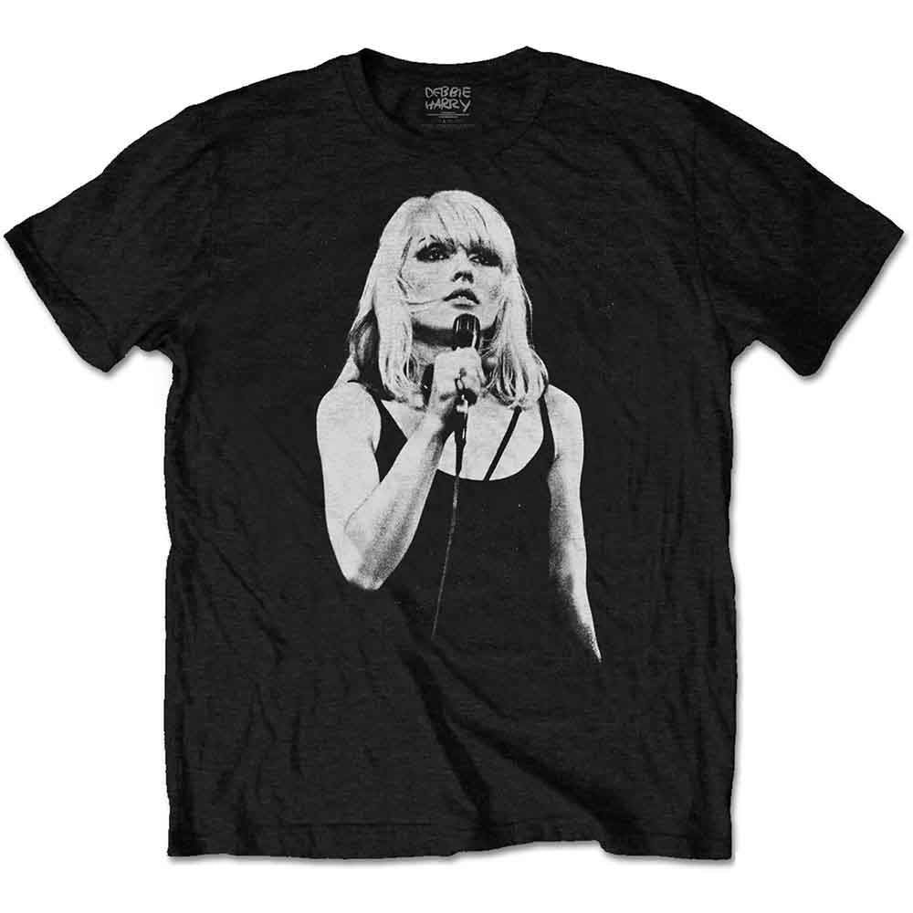 Black t-shirt featuring a grayscale portrait of Debbie Harry singing into a microphone.