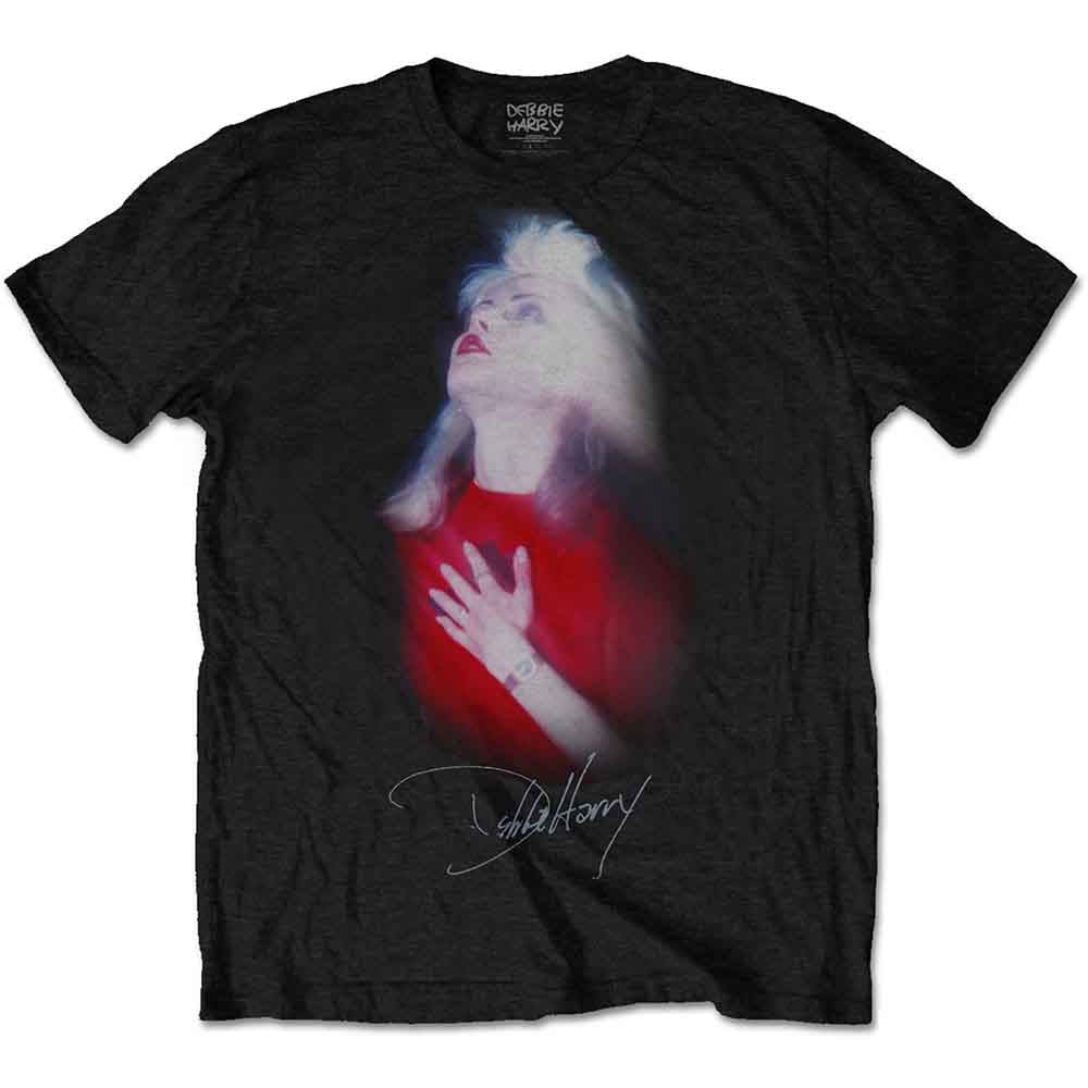 A black unisex t-shirt featuring a graphic print of Debbie Harry.