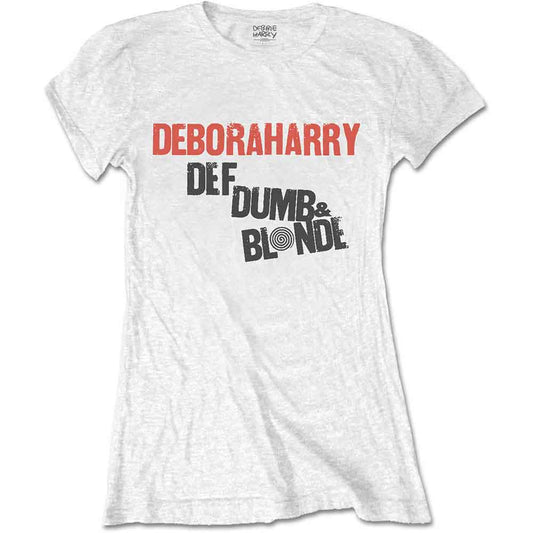 White women's t-shirt with "Deborah Harry Def Dumb & Blonde" text.