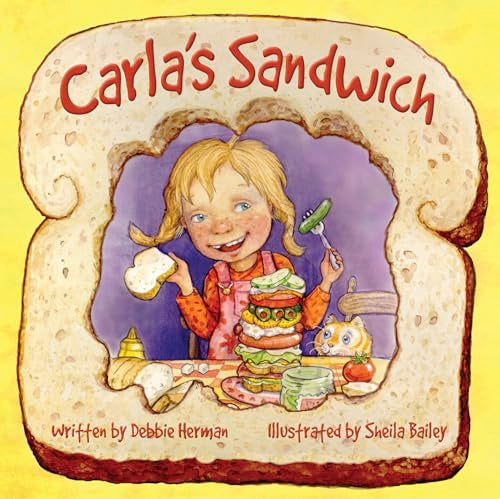 Book cover: girl with a tall sandwich and a cat.