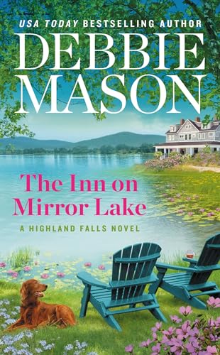 Book cover: lakeside inn, Adirondack chairs, dog, and mountain backdrop.