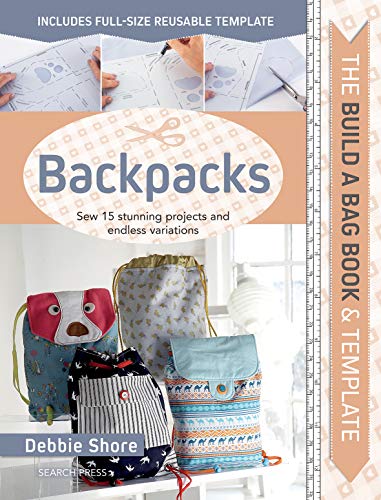 Sewing book cover displaying colorful handmade backpacks and a pattern template.