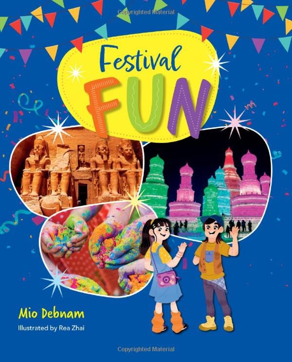 Book cover with children, festivals, and world landmarks illustrations.