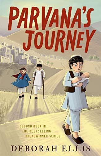 Book cover showing three children walking on a dirt path toward a mountain village.