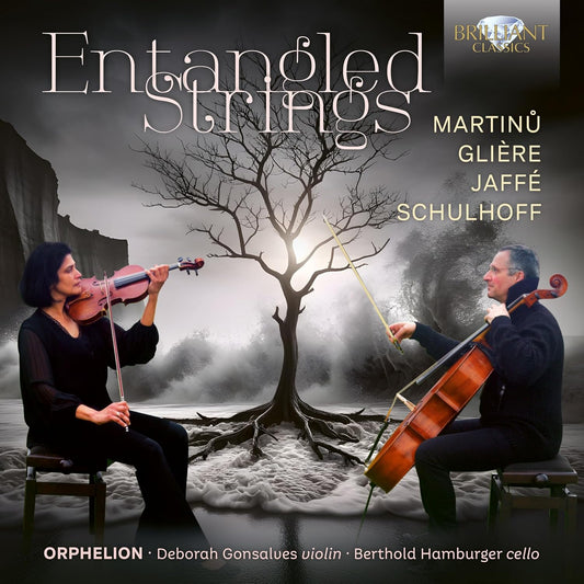 CD cover showing a violinist and cellist playing beside a leafless tree.
