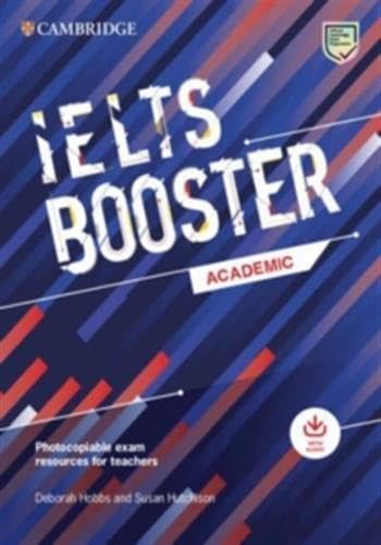 IELTS Booster Academic textbook cover with bold text and graphic lines.