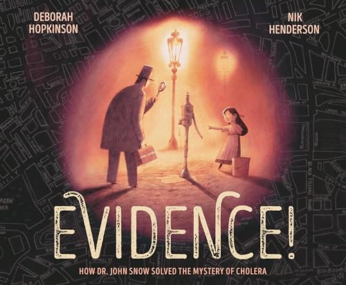 Book cover depicting a man with a magnifying glass and a street lamp.