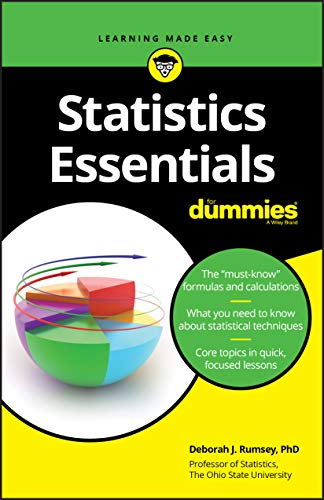 Book cover: "Statistics Essentials For Dummies" with colorful graph illustration.