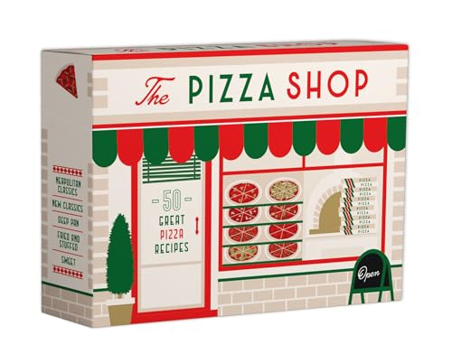 Cookbook cover depicting a pizza shop facade with various pizza illustrations.