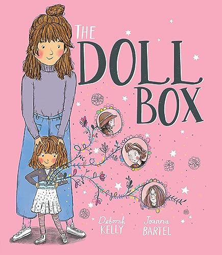 Book cover: woman and child with a box of portraits, pink background.