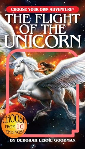 Book cover: a girl riding a white winged unicorn through space.