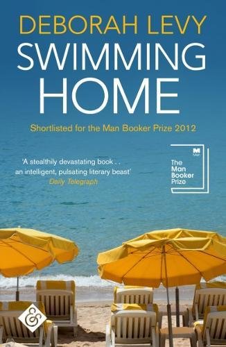 Book cover titled Swimming Home by Deborah Levy featuring yellow umbrellas on a beach.
