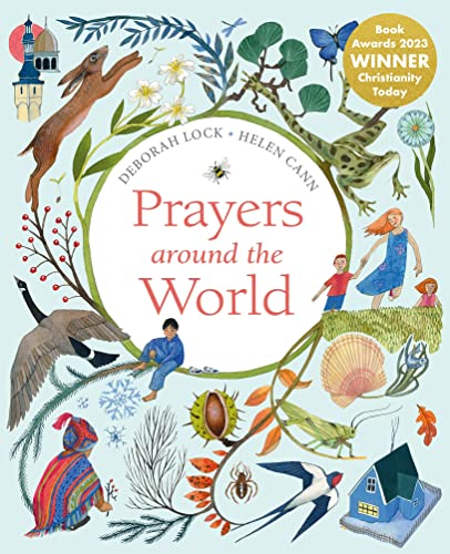 Book cover: "Prayers around the World" with illustrated animals and people.