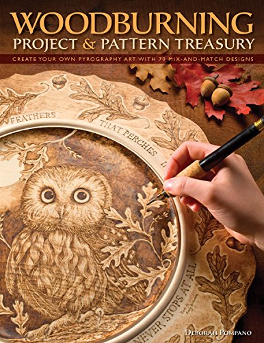 Book cover featuring a woodburned owl, leaves, and pyrography tools.