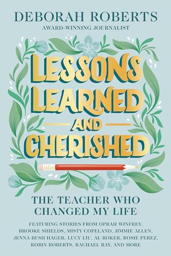 Book cover with gold title, a red pencil, and light blue floral foliage.