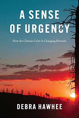 Book cover with fiery sunset and silhouetted trees, titled “A Sense of Urgency.”
