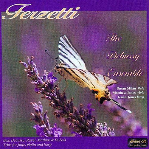 CD cover with a butterfly on purple flowers, titled "Ferzetti" and "The Debussy Ensemble".