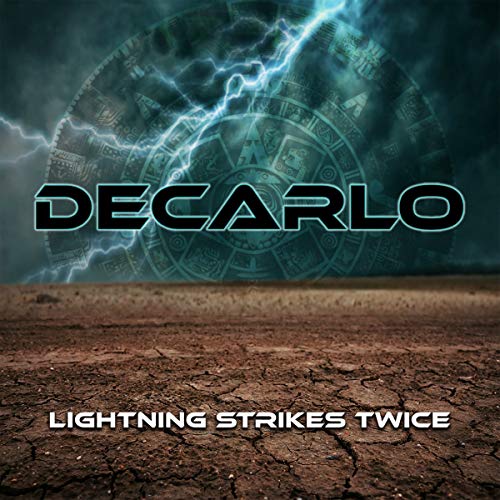 CD cover: "Decarlo - Lightning Strikes Twice" with lightning and Mayan calendar.