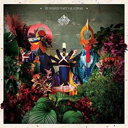 CD cover art featuring three masked figures amidst lush, colorful foliage.