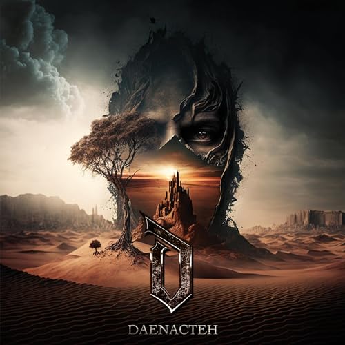 Fantasy landscape forming a face, with a castle and large letter “D”.