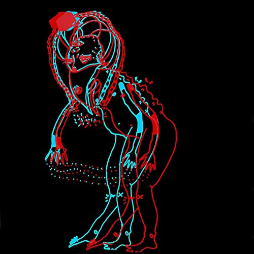 Red and blue 3D anaglyph line drawing of a figure on a black background.