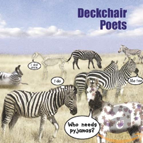 CD cover with zebras and a cow in a field, text reads "Deckchair Poets".