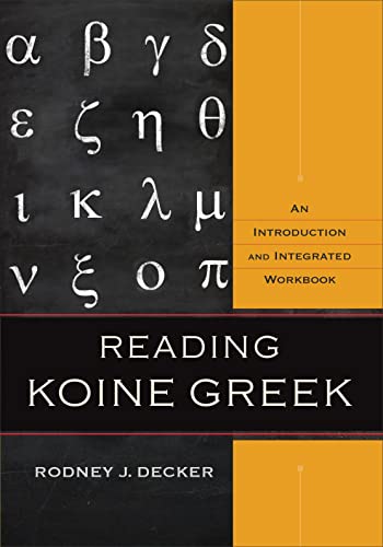 Book cover titled Reading Koine Greek with Greek alphabet letters on a chalkboard background.