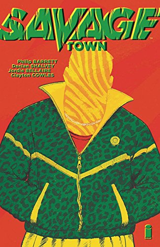 Comic book cover: figure in leopard print jacket with obscured face.