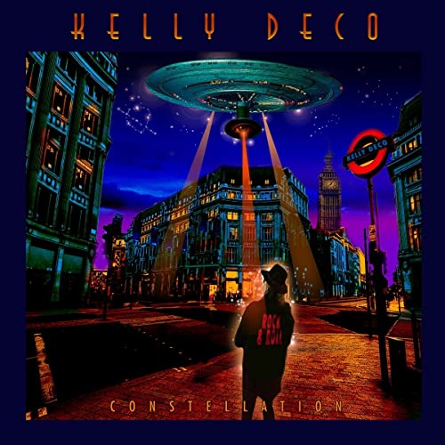 A UFO beams light onto a person in a London street at night.