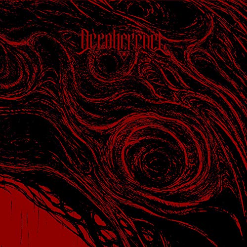 Red album cover with swirling, textured patterns and the band name "Decoherence".