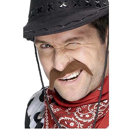 Man wearing a black cowboy hat, red bandana, and a brown costume mustache.