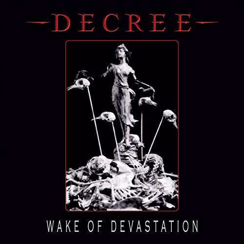 CD cover: Statue surrounded by skulls, red outline, black background.