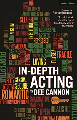 Book cover titled In-Depth Acting by Dee Cannon featuring a word cloud of personality traits.