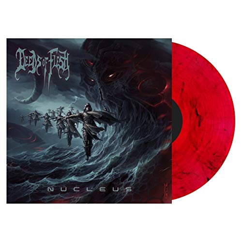 "Red vinyl record with dark album cover featuring a hooded figure and a monster."