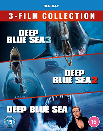 Deep Blue Sea 3-film Blu-ray collection cover featuring sharks and swimmers in the ocean.