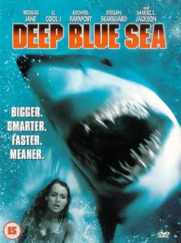 Deep Blue Sea" DVD cover featuring a shark and a woman in water.