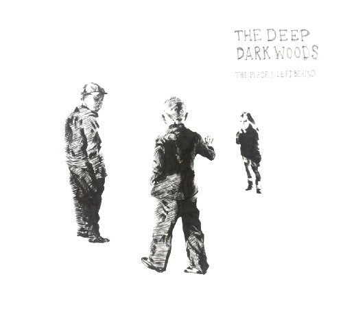 Black and white sketch of figures, CD cover for Deep Dark Woods.