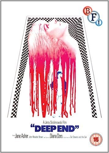 "Deep End" DVD cover featuring a woman's silhouette with red drips and checkered sides.
