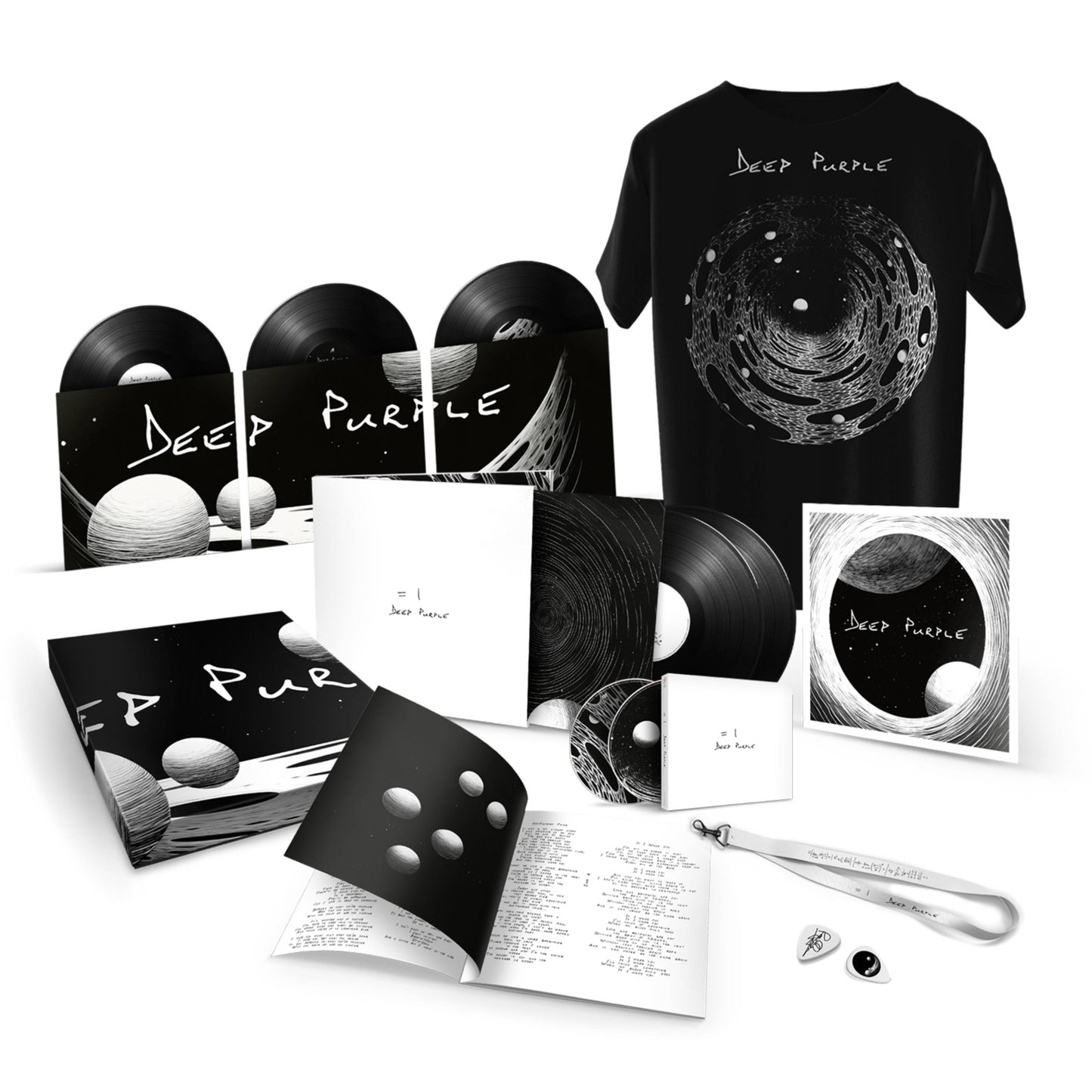 Deep Purple =1 vinyl box set including records, t-shirt, booklet, lanyard, and guitar picks.