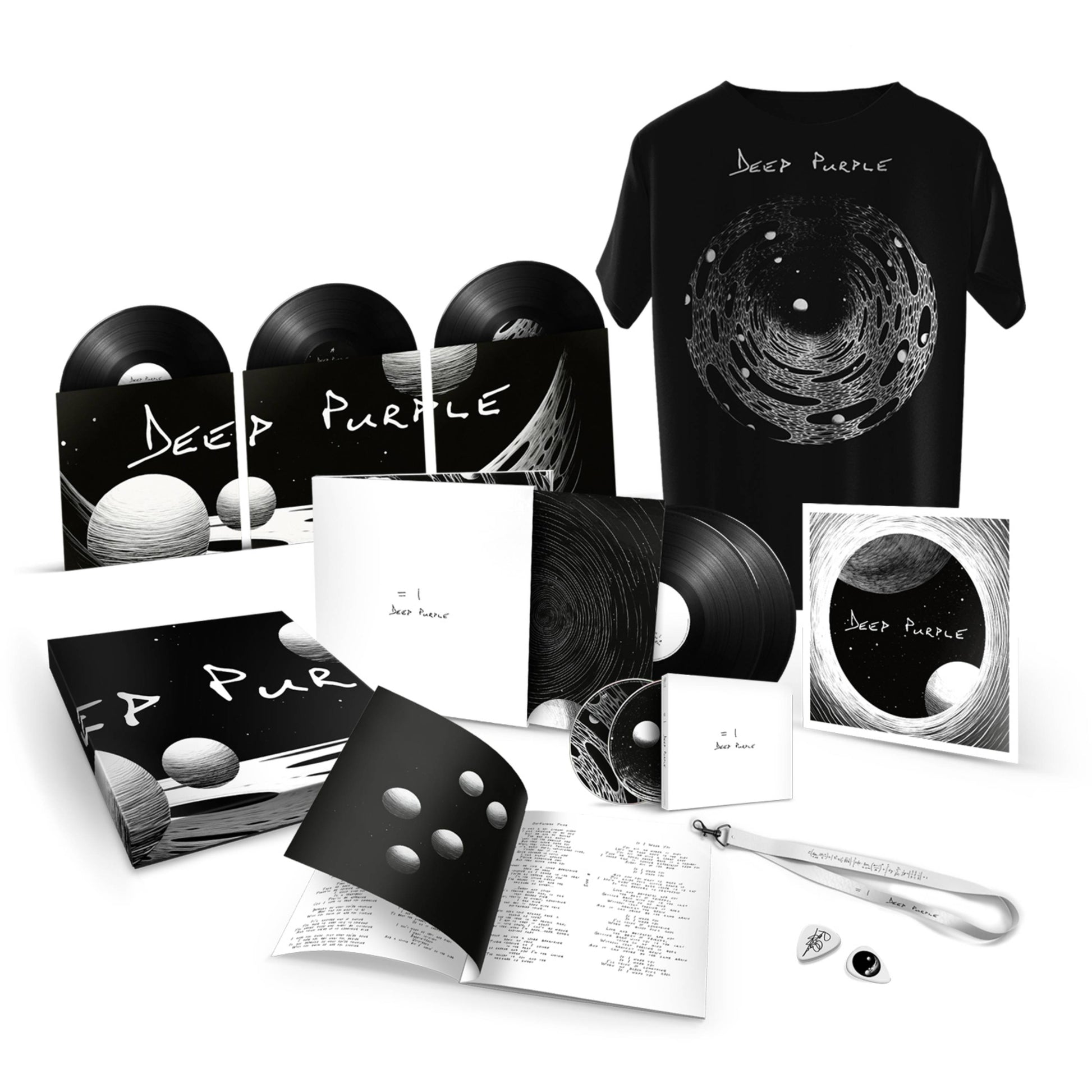 Deep Purple =1 vinyl box set including records, t-shirt, booklet, lanyard, and guitar picks.