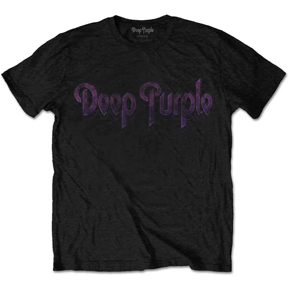 Black t-shirt with purple and silver "Deep Purple" logo print.